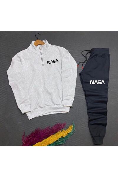 BSJEANS سويت شيرت رمادي نصف سحاب للجنسين - طقم بنطال رياضي أسود مكون من قطعتين