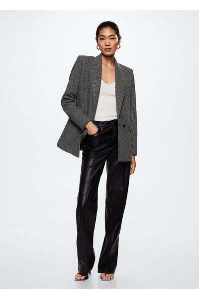 MANGO Woman Houndstooth Patterned Woolen Blazer Jacket