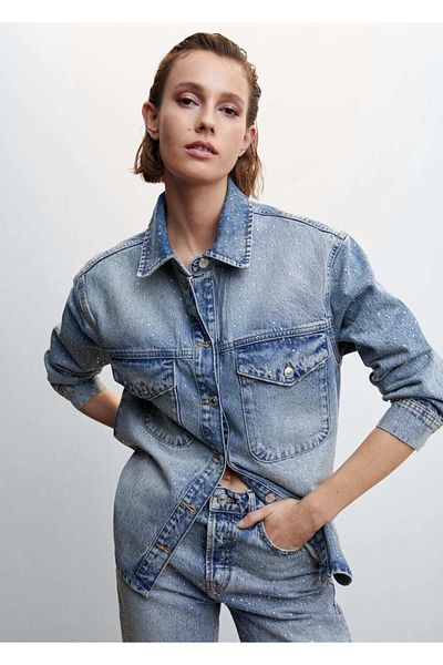 MANGO Woman Jachetă Strass Stone denim