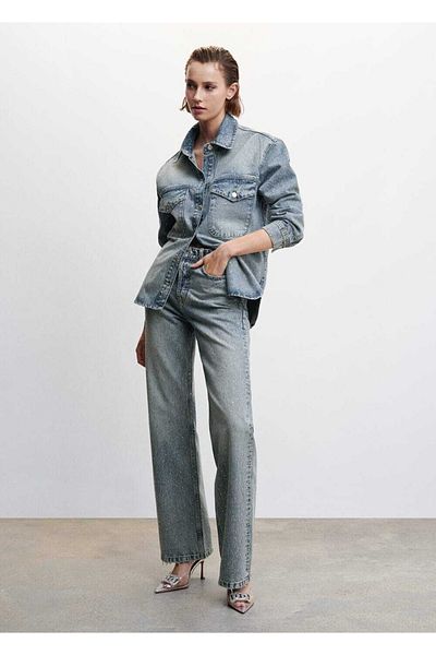 MANGO Woman Jachetă Strass Stone denim