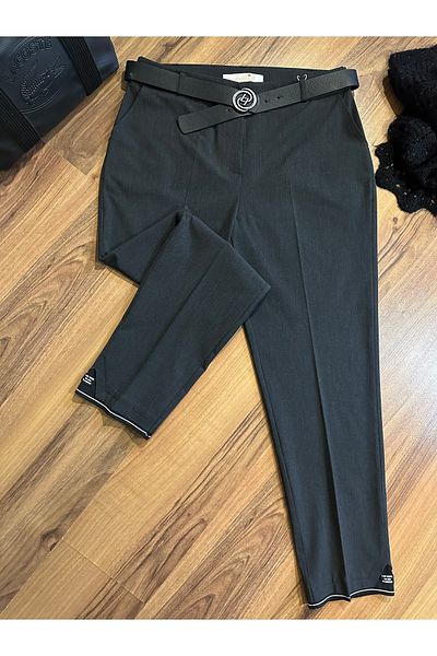 ButikEtiler Women's Gray Belted Pocket Leg Detailed Classic Large Size Trousers