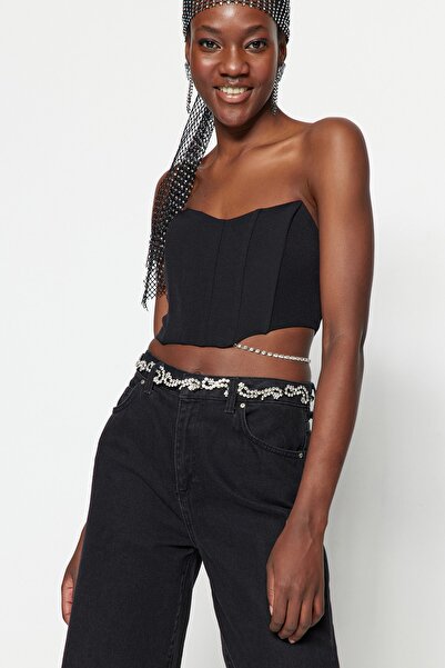 Trendyol Collection Black Crop Lined Bustier s tkanými doplňky TPRSS23BS00035