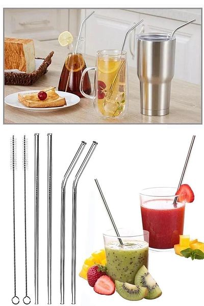 TechnoStation Stainless Steel Metal Straw and Cleaning Brush Set 5 Pieces