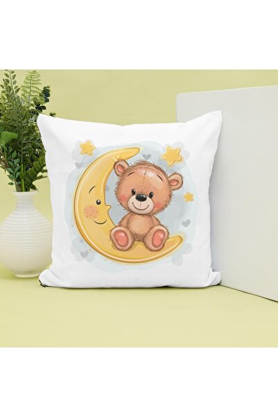 Hediye Molası Ay Dede Ayıcık Tasarımlı Baskılı Dekoratif Yastık