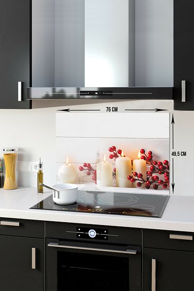 Decorita Protector de spate pentru aragaz din sticla |   Lumanare alba |   49,5 cm X 76 cm