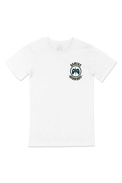 Cix Tricou alb Green Gamers Never Quit cu design de logo de buzunar