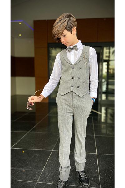 WENA KİDS Children's Vest Suit Shirt Set Striped Gray