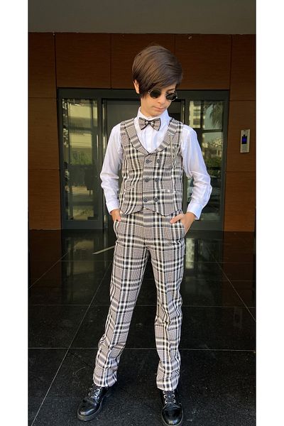 WENA KİDS Children's Vest Suit Shirt Set Plaid Brown Black