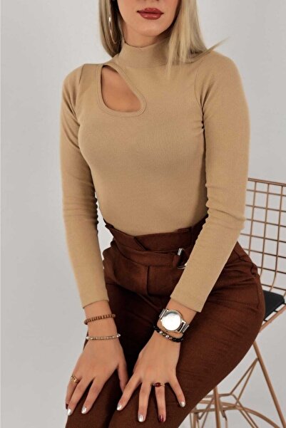 Mylocker Kadın Bej Önü Detaylı Triko Kazak