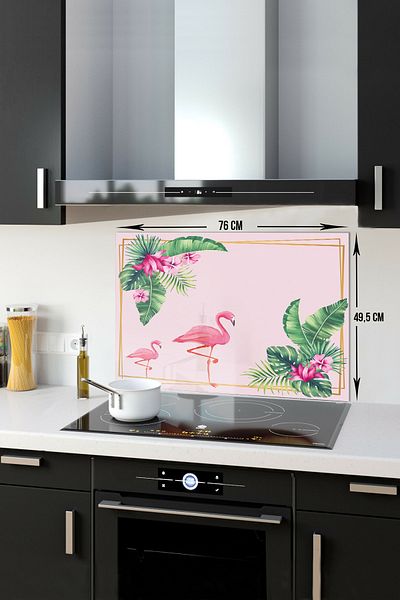 Decorita Protector de spate pentru aragaz din sticla |   Frunze tropicale și flamingo |   49,5 cm X 76 cm