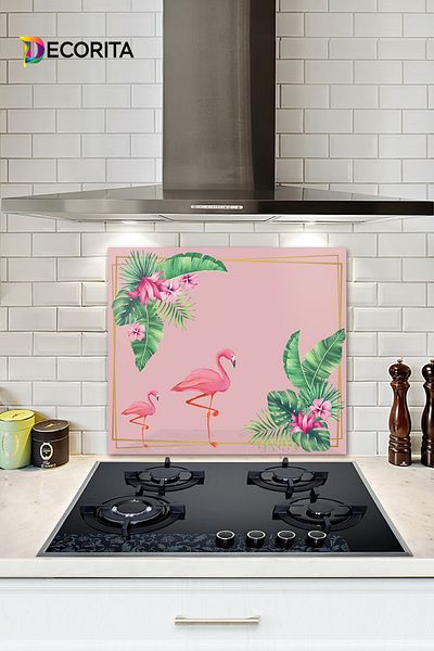 Decorita Protector de spate pentru aragaz din sticla |   Frunze tropicale și flamingo |   52 cm X 60 cm