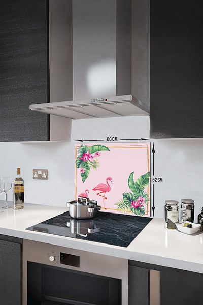 Decorita Protector de spate pentru aragaz din sticla |   Frunze tropicale și flamingo |   52 cm X 60 cm