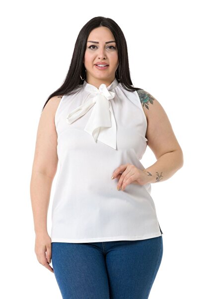 DISENTIS MODEST Σατέν Λευκή Μπλούζα Plus Size με Κασκόλ και Σχισμές στο πλάι