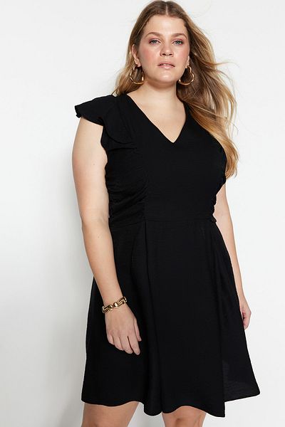 Trendyol Curve Fekete szőtt ujjú fodros ruha TBBSS23AH00035