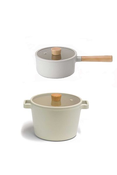 NEOFLAM Fika 4 Piece Aluminum Cast Glass Pot Set with Lid Beige