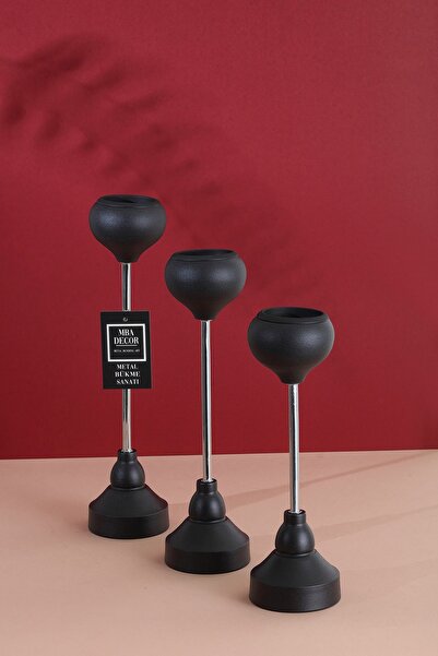 mba decor metal bending art 3'lü ( Üçlü ) Siyah Gümüş Dekoratif Mumluk Şamdan...