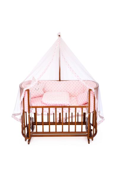 Bamgidoo Ahşap Beşik Anne Yanı Beşik Ceviz 60x120 Pembe Yıldız Uyku Seti Yata...