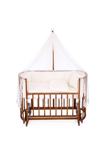 Bamgidoo Ahşap Beşik Anne Yanı Beşik Ceviz 60x120 Beyaz Güpür Uyku Seti Yatak