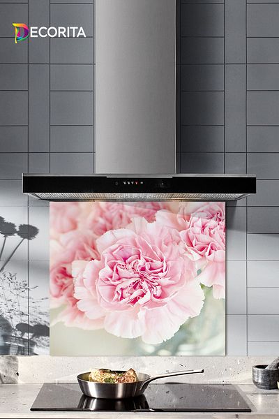 Decorita Protector de spate pentru aragaz din sticla |   Crizantema roz |   52 cm X 60 cm