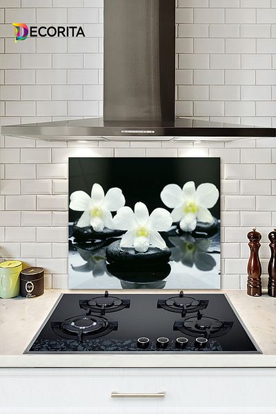 Decorita Protector de spate pentru aragaz din sticla |   3 orhidee pe piatră |   52 cm X 60 cm