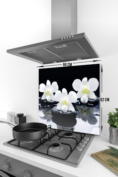 Decorita Protector de spate pentru aragaz din sticla |   3 orhidee pe piatră |   52 cm X 60 cm