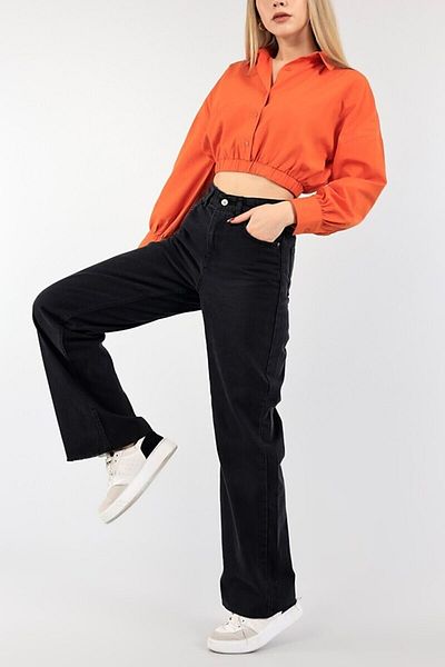 Trn JNS Blugi de damă, negri, largi, din lycra, cu talie super înaltă, anii 90 (foarte comozi)