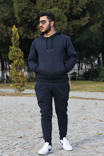 han elegant Σετ ανδρική αθλητική φόρμα με κουκούλα βαμβακερή τσέπη καγκουρό
