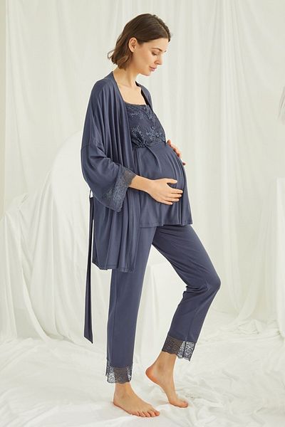 lohusahamile Navy Blue Lace Maternity Pajamas Set with Dressing Gown 18211
