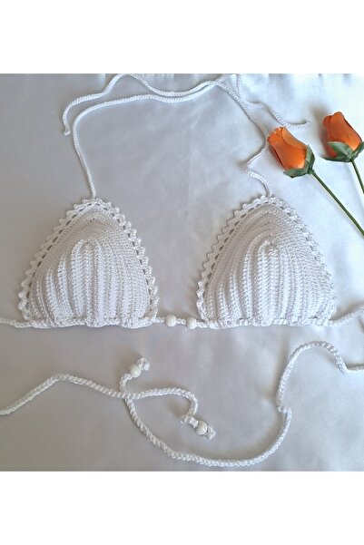 SOUL BY A&B El Örgüsü Beyaz Bikini Üstü Bluz Büstiyer Crop Boncuklu Zarif Örgü