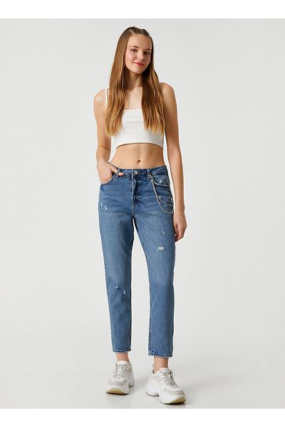 Koton Dámské kalhoty Mom Fit Light Indigo s vysokým pasem 3sal40050md