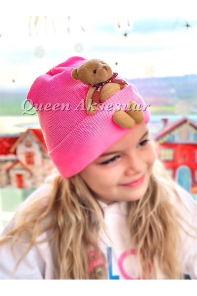 QUEEN AKSESUAR Trend Fashion Special Design Adult Boy Girl Unisex Kids Hat with Plush Teddy Bear Neon Pink Hat