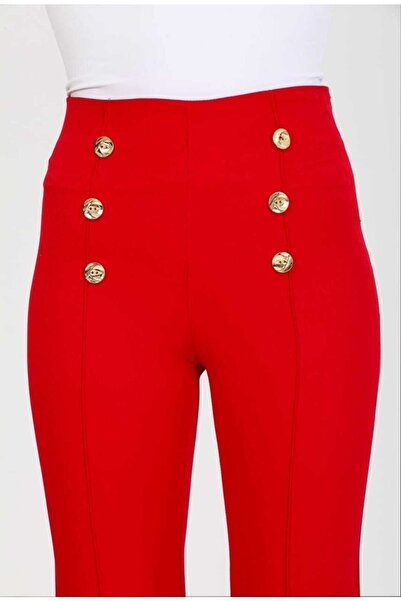 Azra Moda Style Button Detail Fabric Lycra Red Trousers Women