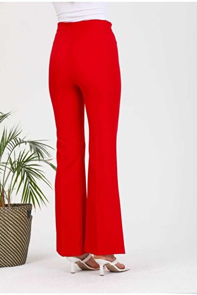 Azra Moda Style Button Detail Fabric Lycra Red Trousers Women