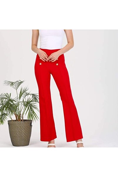 Azra Moda Style Button Detail Fabric Lycra Red Trousers Women