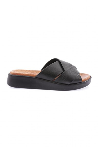 DGN Women's Cross Strap Slippers Black Genuine Leather 4137318
