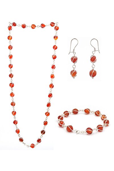 Midyat Nurtaş Gümüş Orijinal Akik Taşlı 925 Ayar Gümüş Üçlü Set 201021770