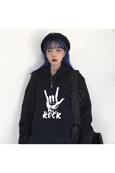 Touz Hanorac cu glugă oversize unisex negru cu imprimeu My Vision Rock