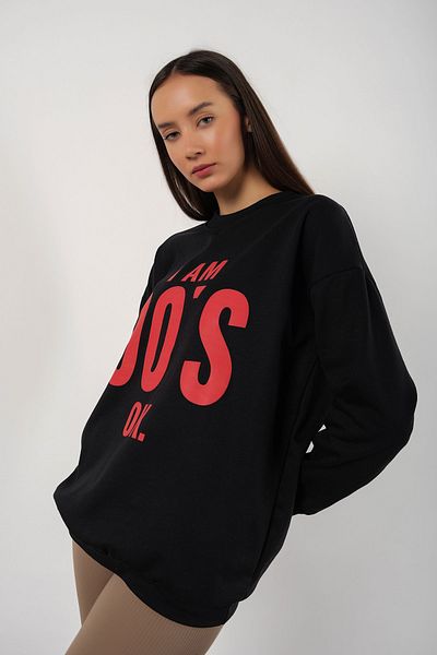 MODAGEN Women's Black I'm 90's Printed Crew Neck Oversize Sweatshirt