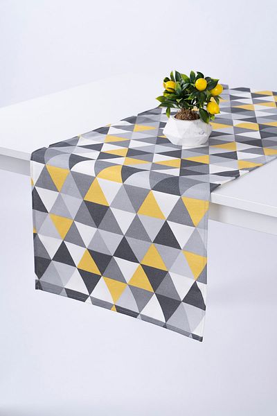 ALTINPAMUK Linen Runner Stain Resistant Fabric Gray Yellow Triangle 40x140