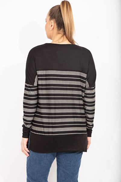 Şans Women's Large Size Black Stripe Patterned V-Neck Viscose Tunic 65n35484