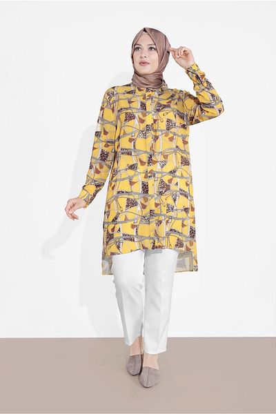 TRENDTESETTÜR Women's Yellow Leopard Patterned Slit Tunic T 2895