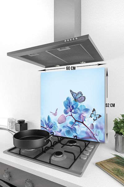 Decorita Protector de spate pentru aragaz din sticla |   Model de flori albastre și fluturi |   52 cm X 60 cm