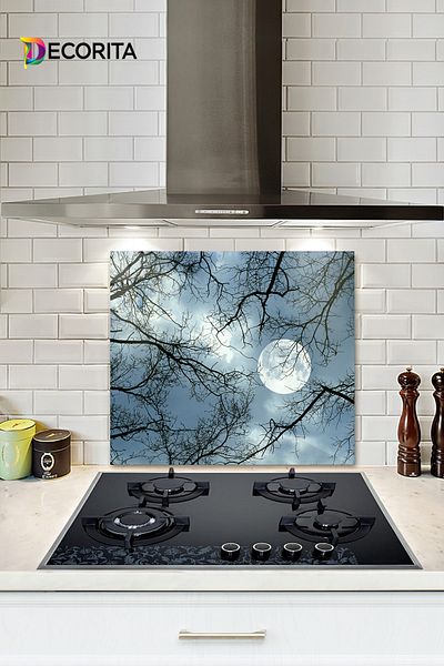 Decorita Protector de spate pentru aragaz din sticla |   Model de noapte |   52 cm X 60 cm