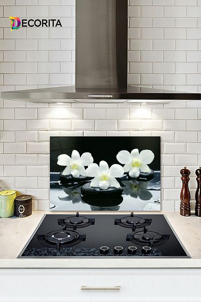Decorita Protector de spate pentru aragaz din sticla |   3 orhidee pe piatră |   40 cm X 60 cm