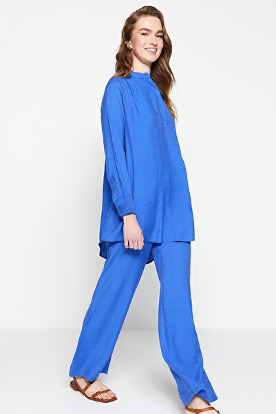 Trendyol Modest Blue Half Hidden Placket Shoulder Detailed Tunic-Pants Woven Suit TCTSS22US0098