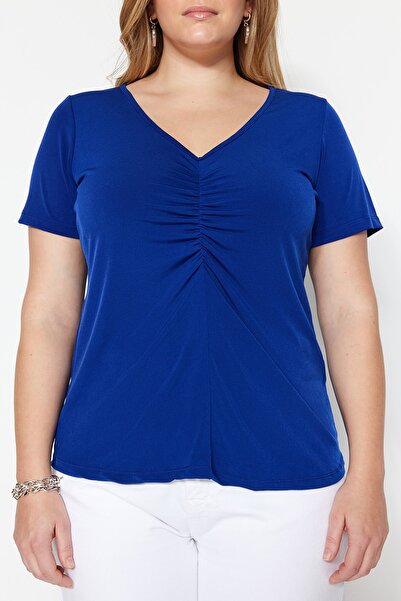 Trendyol Curve Saks Gathered Short Sleeve Knitted Blouse TBBSS23AF00016