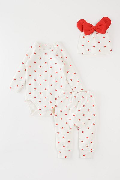 Banamio Pera Baby Girl Heart Patterned Corduroy Triple Suit