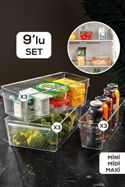 Meleni Home Organizator frigider din 9 piese - Organizator transparent pentru frigider Mini Midi Maxi