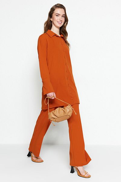 Trendyol Modest Fahéjas szőtt krepp ing-nadrág szett TCTSS23US00060