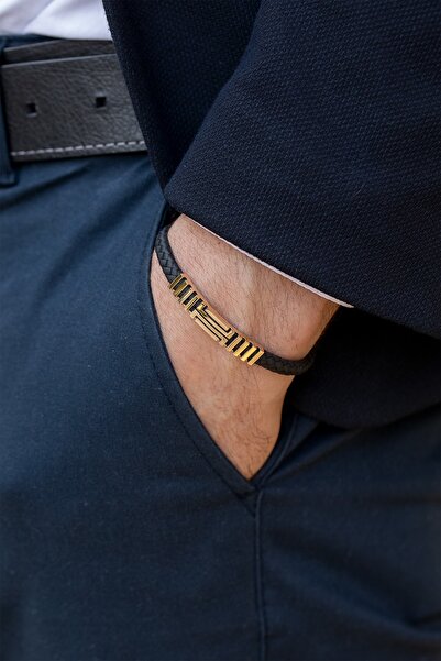 Uşaklıhafız 1945 14 Ayar Altın Siyah Deri Görünümlü Kauçuk Kordonlu Erkek Bileklik